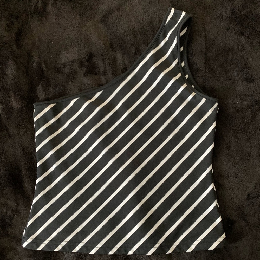 Express Black & White Stripe One Shoulder Tank Top